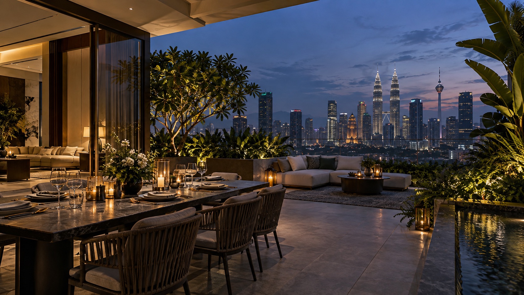 Refined Kuala Lumpur terrace at blue hour overlooking the city skyline